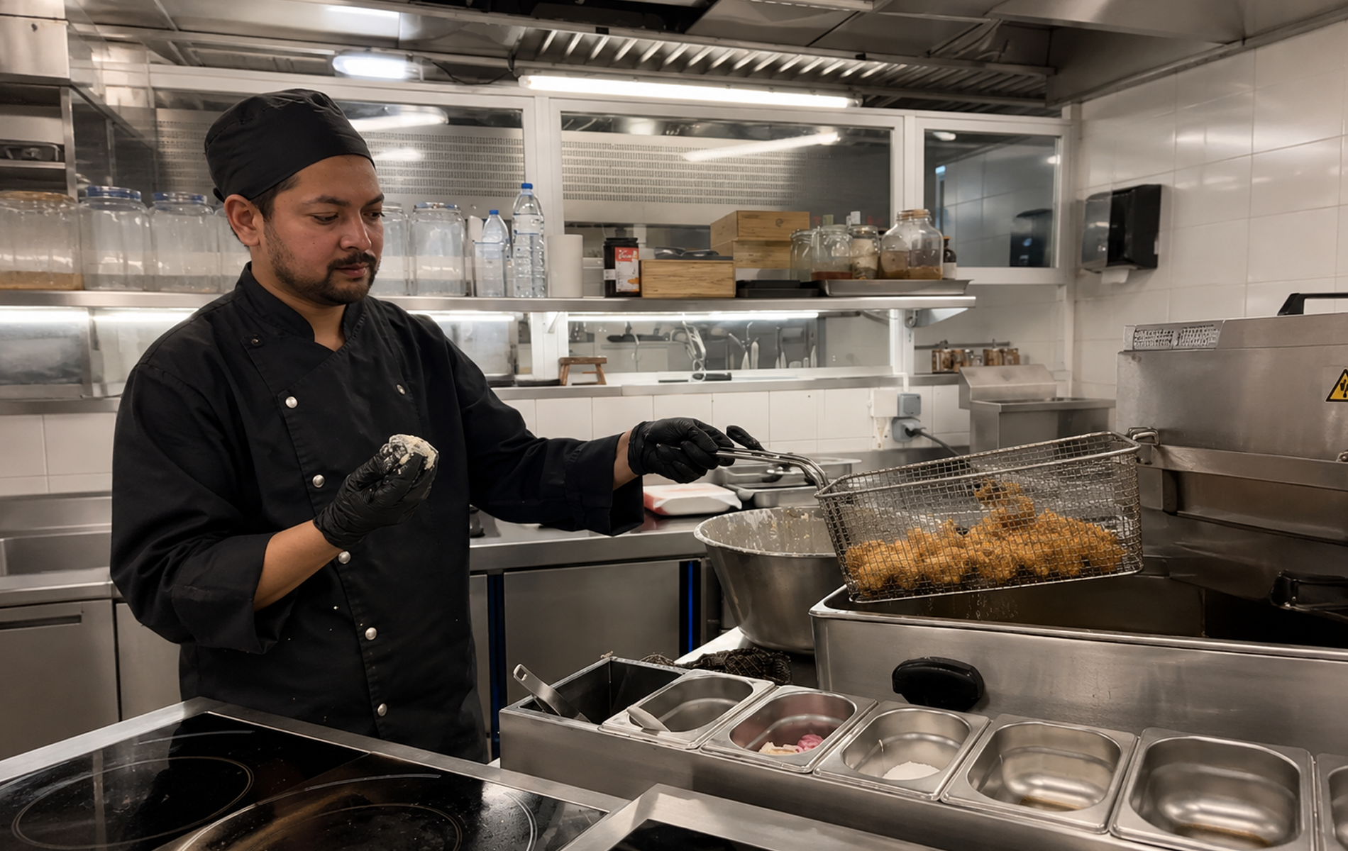 fritos gourmet, confeção no momento, salgados artesanais, aperitivos estaladiços, fritura profissional, técnicas de cozinha, equipa culinaria qualificada, bastidores da restauração, preparação manual, petiscos fritos chiques, recipientes inox Gastronorm, fritadeiras industriais, cozinheiros fardados, bancadas de inox, cozinha de hotelaria, petiscos crocantes, entradas quentes feitas na hora, petiscos tradicionais reinventados, manipulação rigorosa de alimentos, confecção rigorosa, petiscos para receções, iguarias para festas corporativas, salgadinhos finos, catering com confeção local, cozinha de produção, mestres da culinária, gastronomia de precisão, processos alimentares seguros, ementas de petiscos variados, catering dinâmico