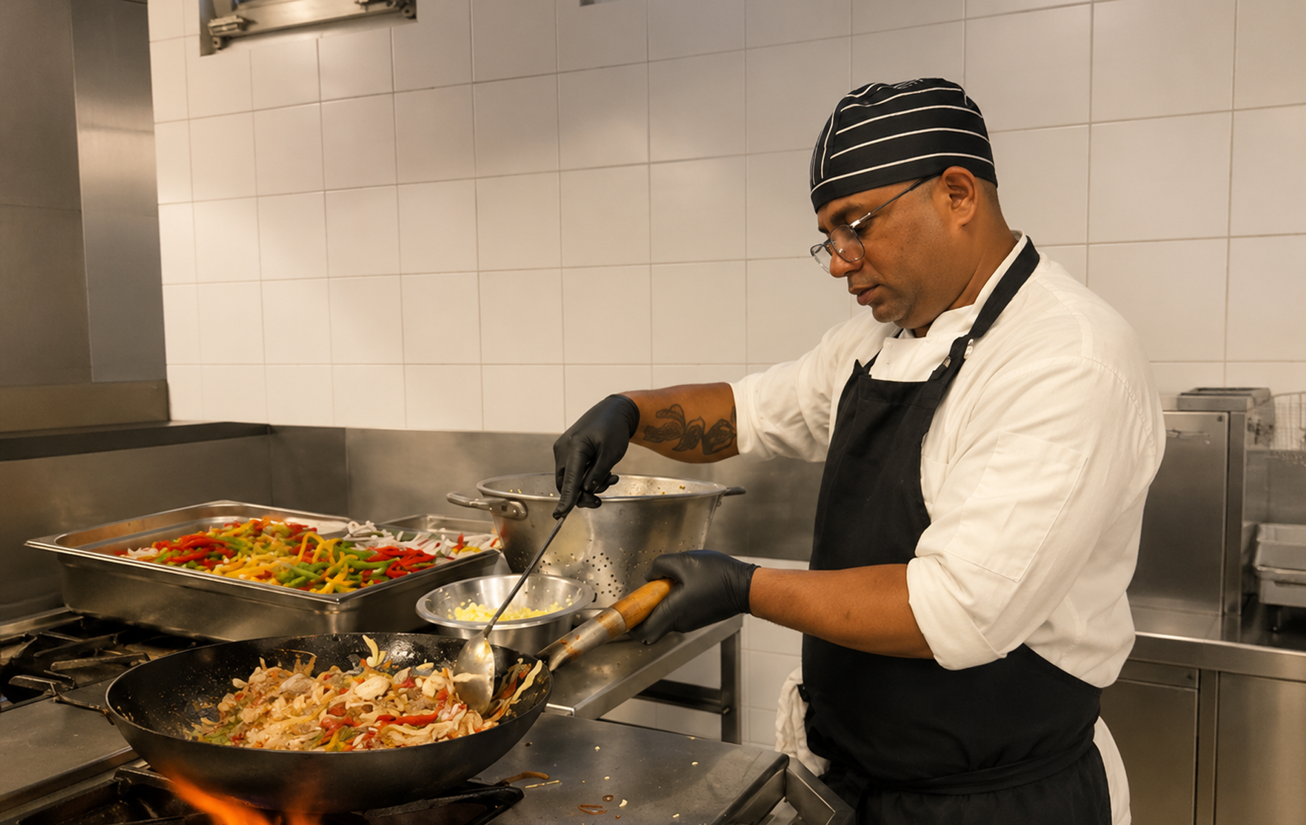 cozinha wok, salteados gourmet, showcooking para eventos, confeção em direto, vegetais frescos salteados, pratos coloridos, gastronomia asiática de fusão, cozinha de autor, especialidades na hora, pimentos e vegetais, refeições saudáveis corporativas, cozinha térmica profissional, técnicas de saltear, chefs experientes, iguarias na frigideira, catering interativo, menus com legumes frescos, alimentação equilibrada para festas, sabores exóticos, alquimia culinária, arte de cozinhar, pratos quentes aromáticos, gastronomia internacional moderna, workshops culinários para empresas, dinamização gastronómica, consultoria de ementas, fogões industriais potentes, restauração criativa, cozinha colorida, pratos confecionados ao vivo